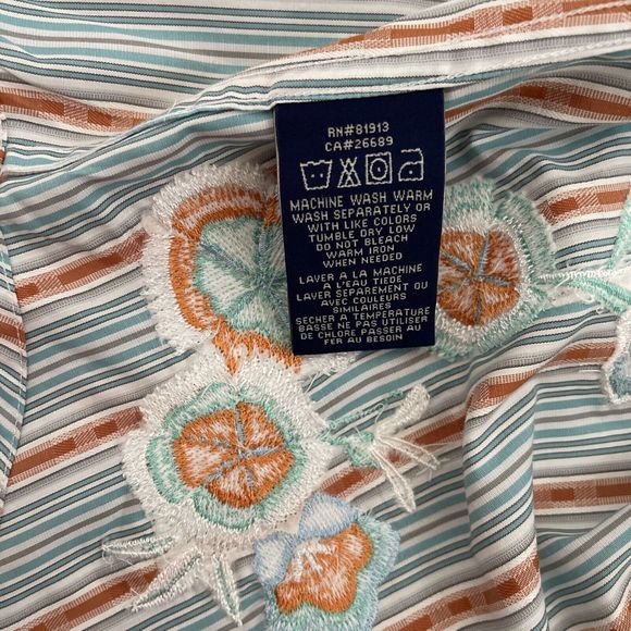 Robert Graham Contrast Flip Cuff Teal Orange Blue Striped Floral Embroidered L - Picture 5 of 7